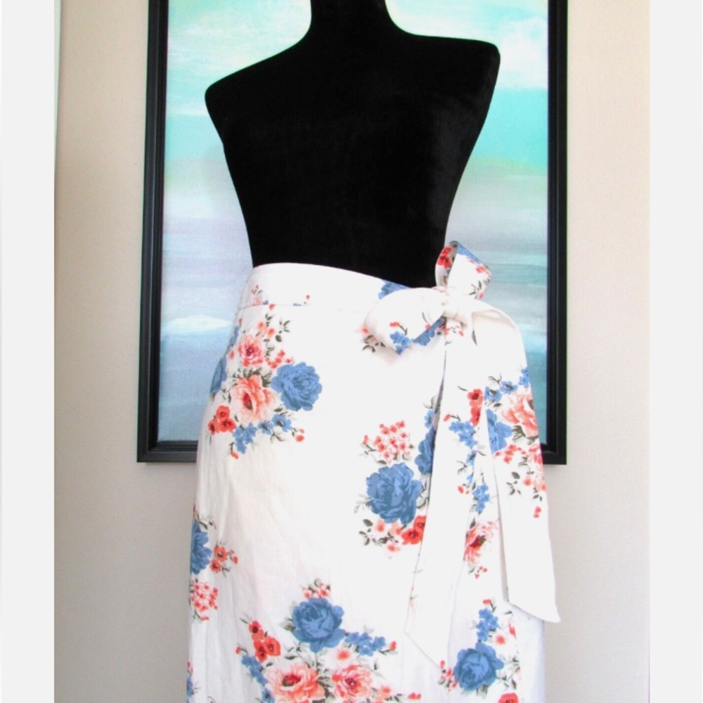 LOFT White Linen Floral Print Midi Wrap Skirt - Picture 2 of 6